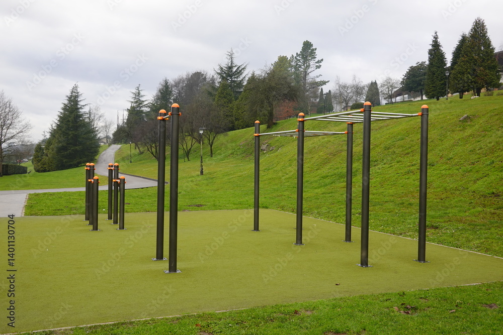 Fototapeta premium Outdoor calisthenics gym equipment inviting fitness enthusiasts in park setting