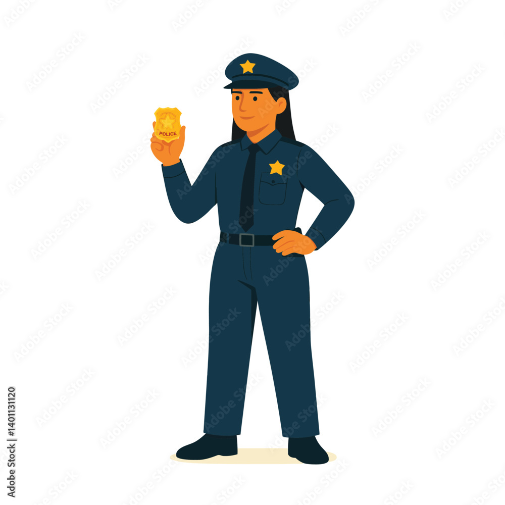 Confident police female officer. holding badge – flat vector illustration of diverse law enforcement professionals Confident police female officer. holding badge – flat vector illustration of diverse law enforcement professionals