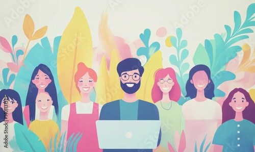 Happy people, laptop and meeting, marketing team and workflow at digital agency, creative group and research. Man, women and diversity, business and work together, senior leader and brand