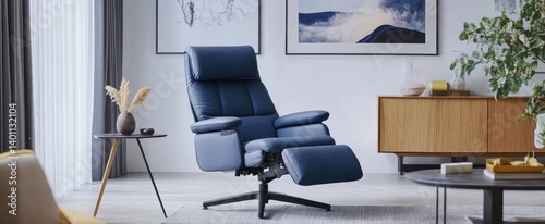 A comfortable blue recliner chair sits in a modern living room