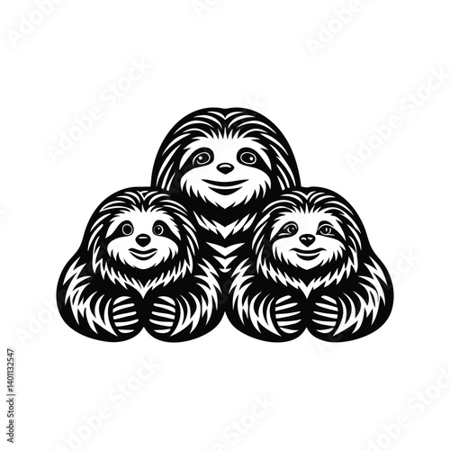 Adult sloth cuddling two baby sloths showcasing a icon silhouette vector with white background