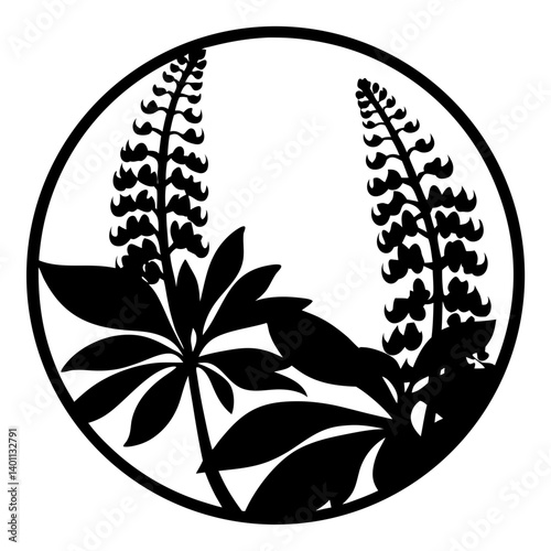 Lupine flower silhouette artwork inside circular frame- Black silhouette illustration of two tall lupine flowers with broad leaves arranged inside a circle, perfect for botanical and decorative design