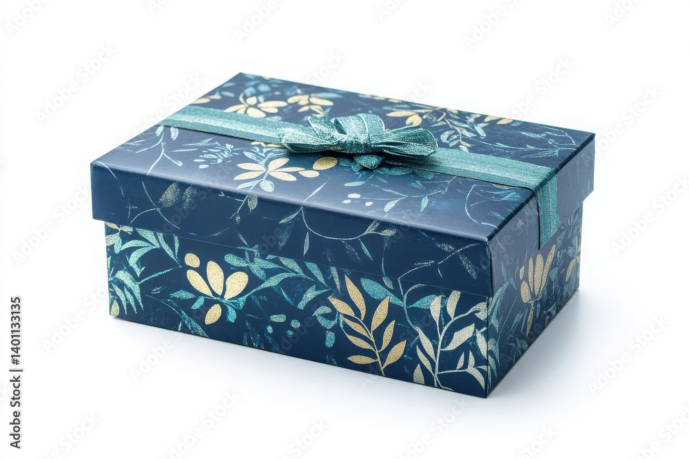 Blue gift box isolated on white background with elegant ribbon design Blue gift box isolated on white background with elegant ribbon design