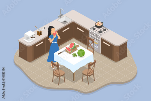 3D Isometric Flat Vector Illustration of Healthy Snack, Female Preparing Fresh Watermelon For Nutritious Snack In Detox Menu