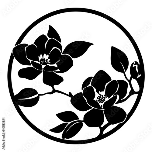 Floral branch silhouette artwork in circle- Black silhouette of blooming flowers and leaves on a branch arranged inside a circular frame, perfect for decoration and graphic design