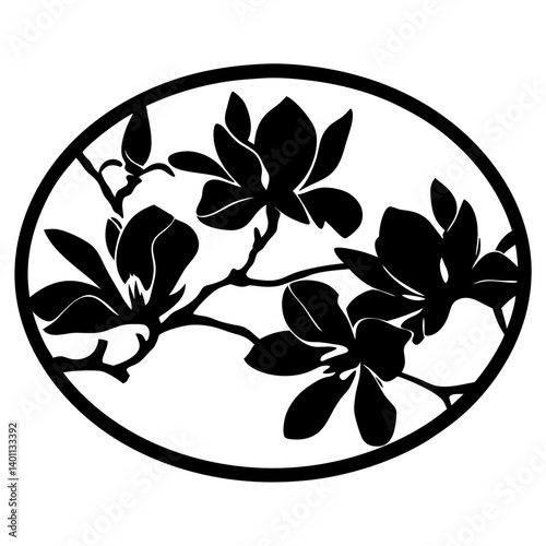 Blooming branch silhouette inside oval frame- Black silhouette illustration of blooming flowers and leaves on a branch arranged inside an oval frame, suitable for decoration and design