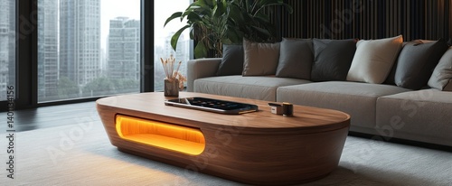 Modern living room featuring a stylish wooden coffee table and sofa