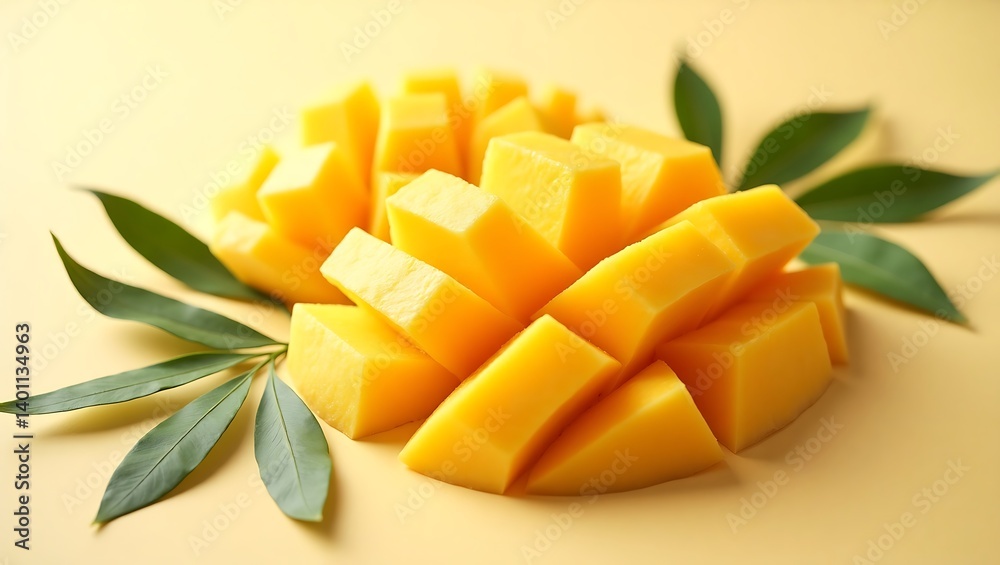 Close up of sliced ripe mango with green leaves on yellow background Close up of sliced ripe mango with green leaves on yellow background