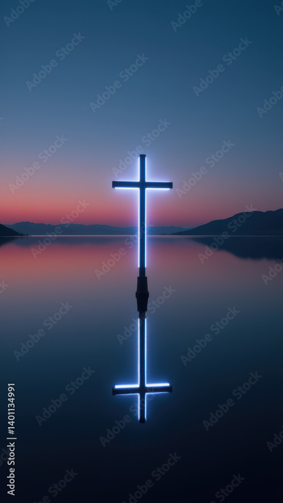 Naklejka premium Reflection of a large illuminated Christian cross on calm water at sunset.