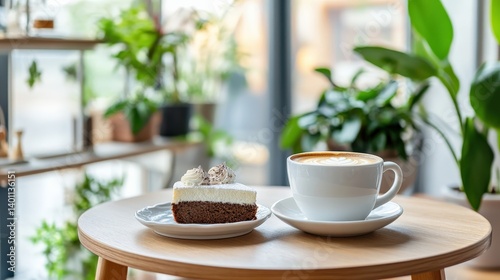 Cozy Indoor Café Setting with Delicious Cake and Coffee, Featuring Lush Green Plants and Warm Natural Lighting for a Relaxing Atmosphere