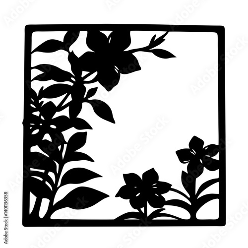 Floral silhouette artwork inside square frame- Black silhouette illustration of flowers, stems, and leaves arranged along the edges of a square frame, ideal for decoration and design use