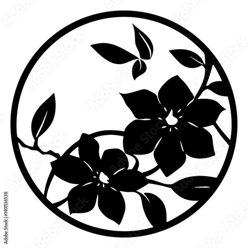 Floral silhouette artwork inside circular frame- Black silhouette of blooming flowers and leaves arranged within a circular frame, creating a decorative botanical design for art and graphics