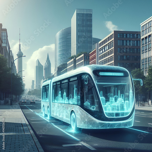 Holographic electric bus in urban setting concept as Tracking shot of a holographic electric bus navigating through a cityscape promoting zero emission public transportation. in  Photo Stock  Concept 