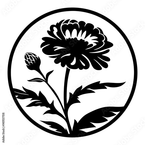 Floral silhouette with bud inside circle frame- Black silhouette of a blooming flower with leaves and a bud enclosed in a circular frame, suitable for decorative emblem or design