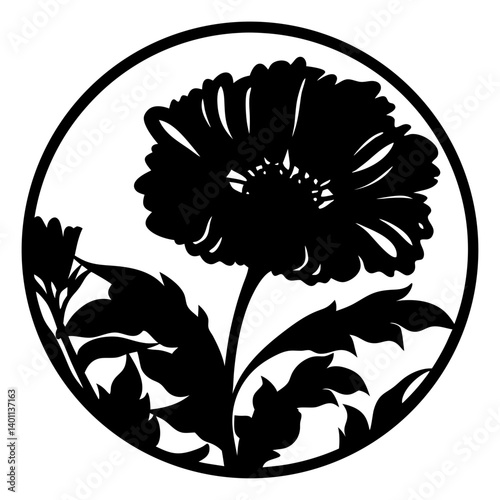 Bold floral silhouette inside circular frame- Black silhouette of a large blooming flower with detailed leaves enclosed in a circular frame, perfect for emblem, logo, or decoration