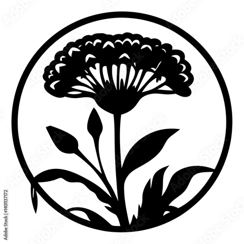 Floral silhouette emblem in circular frame- Black silhouette of a blooming flower with leaves enclosed in a circular frame, ideal for logo, design, decoration or emblem use