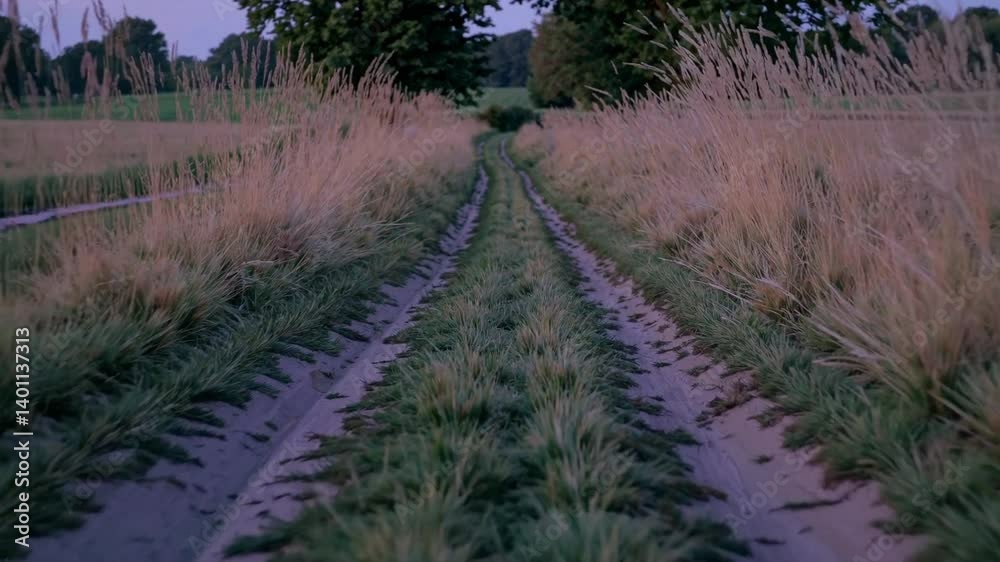 A dusk-time shot of a quiet farmland path