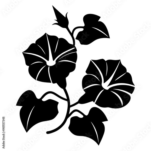 Black and white illustration of morning glory , flower silhouette vector designs.