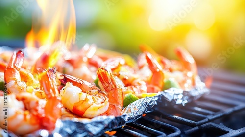 Grilled Shrimp Delight: A vibrant close-up of succulent grilled shrimp sizzling on a barbecue, flames dancing around them. A culinary masterpiece of flavor and visual appeal. photo
