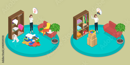 3D Isometric Flat Vector Illustration of Decluttering, Sell Arranged Clothes