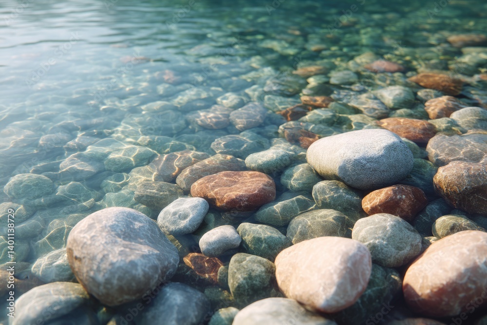 pristine riverbed pebbles partially submerged in shimmering water surrounded by dappled sunlight reflections pristine riverbed pebbles partially submerged in shimmering water surrounded by dappled sunlight reflections