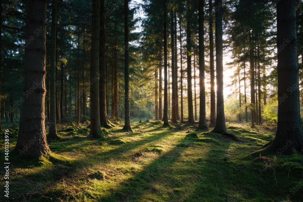 sunlight streaming through tall trees casting intricate shadows on forest floor during golden hour sunlight streaming through tall trees casting intricate shadows on forest floor during golden hour