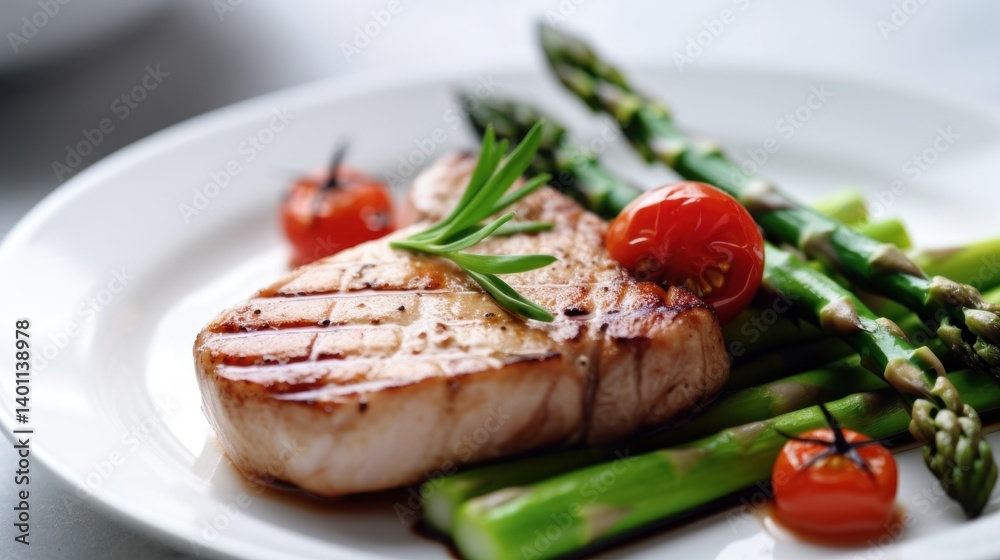 Appetizing grilled meat with asparagus and tomatoes Appetizing grilled meat with asparagus and tomatoes