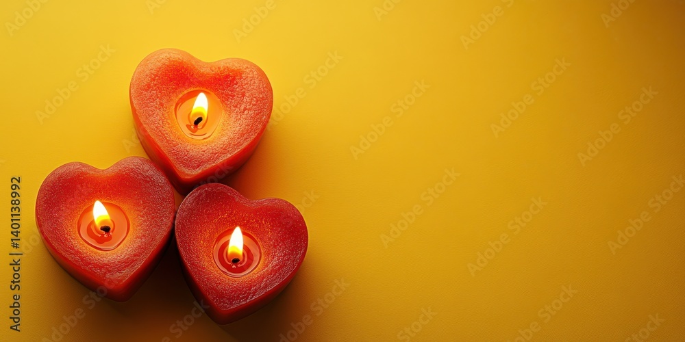 Heart-shaped candles lit on vibrant yellow background create a warm and inviting atmosphere for romance and celebration Heart-shaped candles lit on vibrant yellow background create a warm and inviting atmosphere for romance and celebration
