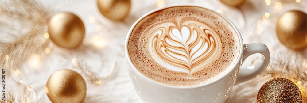Creamy Cappuccino and Golden Ornaments - Warm creamy cappuccino with latte art, surrounded by glistening gold ornaments and soft lighting. Symbolizing comfort, warmth, festive cheer, indulgence Creamy Cappuccino and Golden Ornaments - Warm creamy cappuccino with latte art, surrounded by glistening gold ornaments and soft lighting. Symbolizing comfort, warmth, festive cheer, indulgence