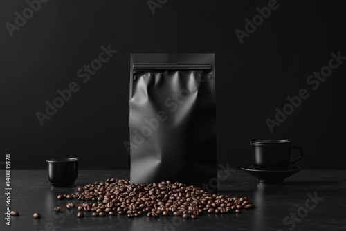 A black paper coffee bag mockup with spilled coffee beans on a coffee table, designed for branding or packaging mockups. The scene is isolated on a black background.