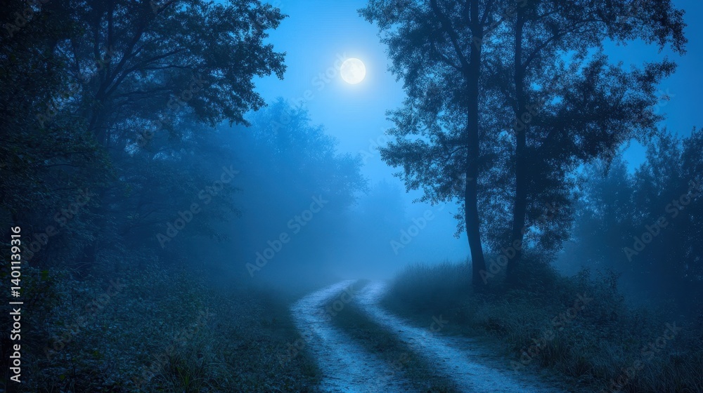 Obraz premium Mysterious moonlit forest path under deep blue night sky