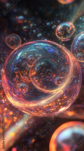 Abstract depiction of colorful ethereal spheres in deep space