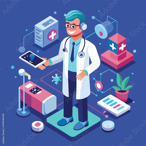 Flat vector icon set design shows a doctor with a stethoscope, medical equipment, and medicine, representing a business concept in healthcare technology