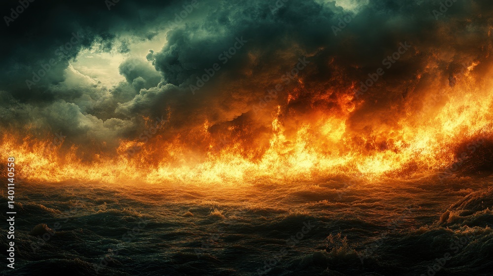 Fototapeta premium Dramatic sea inferno under dark storm clouds
