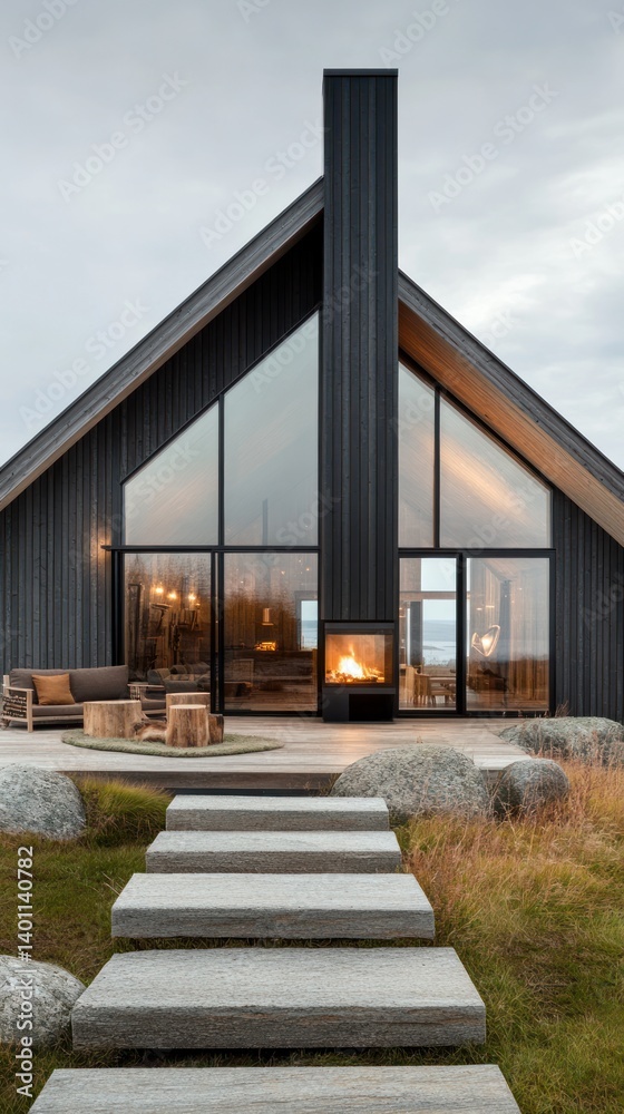 Modern cabin with large windows and fireplace Modern cabin with large windows and fireplace