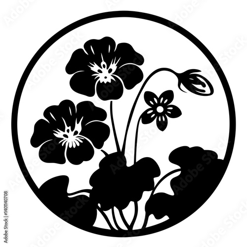 Floral silhouette with blossoms inside circular frame- Black and white floral silhouette design featuring multiple blossoms and leaves arranged within a circular border, perfect for decoration