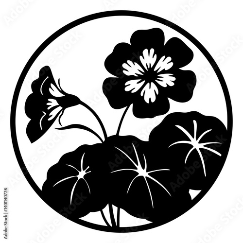 Circular floral silhouette with leaves and blossom- Black and white floral silhouette artwork showing blooming flower and broad leaves within a circular frame, ideal for decorative design