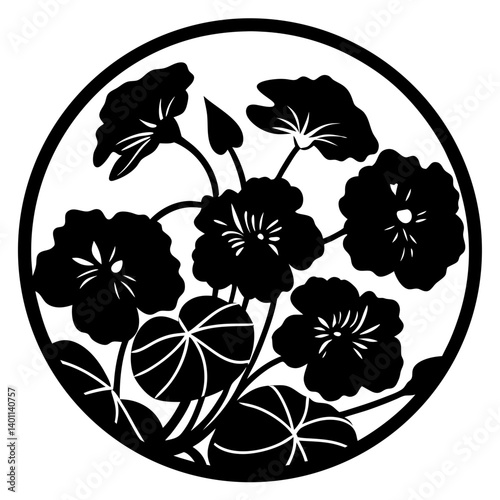 Floral silhouette emblem in circular frame- Black floral silhouette design featuring blooming flowers and leaves inside a circle, suitable for decorative emblem, logo, or ornamental pattern