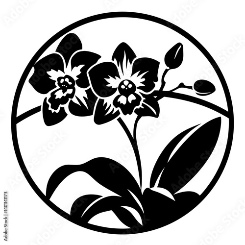 Circular floral silhouette with orchid flowers- Black round silhouette artwork of blooming orchids with buds and leaves, ideal for stencil, engraving, crafts, wall art, and decoration