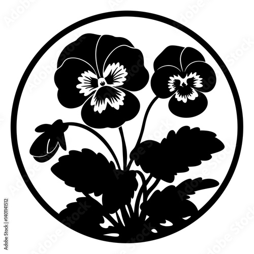 Circular floral silhouette with two pansy blossoms- Black round silhouette design of two blooming pansy flowers with leaves and a bud, perfect for stencil, engraving, crafts, and decoration