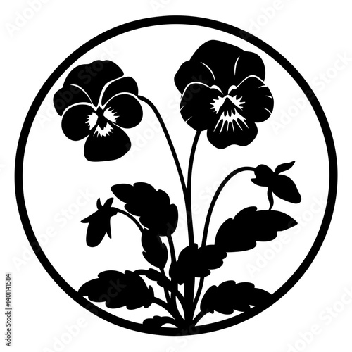 Circular silhouette with two pansy flowers- Black round silhouette design showing two blooming pansy flowers with leaves and stems, perfect for stencil, crafts, engraving, and decoration.