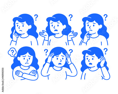 Confused think woman doodle cartoon drawing vector illustration set with Varied Poses and Expressions
