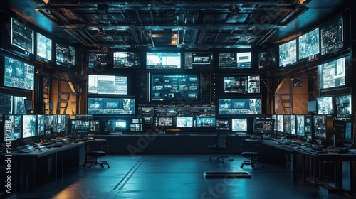 A futuristic control room displays data on multiple computer screens