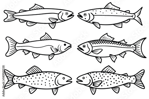 Trout fish line art set 
