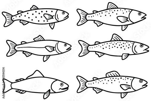 Trout fish line art set 