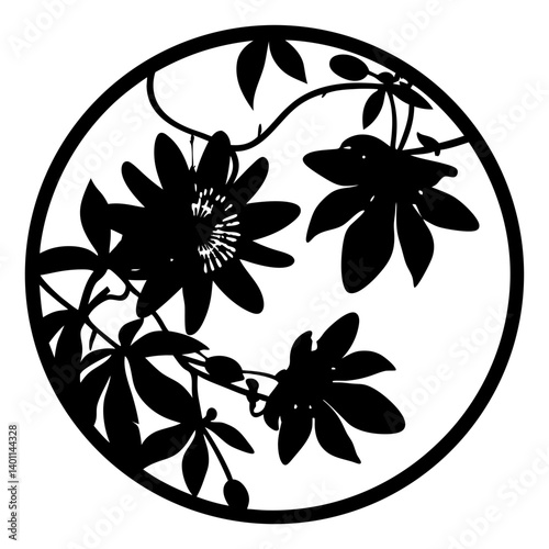 Round floral silhouette with passionflower vines- Black circular silhouette featuring passionflower blossoms, leaves, and curling vines, ideal for stencil art, crafts, engraving, and decorative design