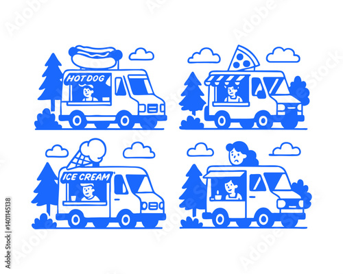 food truck doodle cartoon drawing vector illustration set with Varied Poses and Expressions
