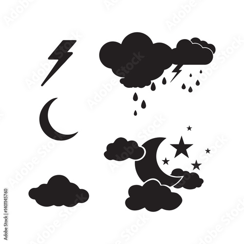 Weather and Night Sky Icons Set, Black Silhouettes of Moon, Clouds, Rain, Thunderstorm, and Stars