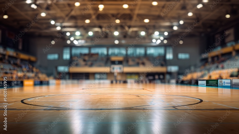 Blurred background of a futsal arena with an empty court and seating area. The image captures the indoor sports facility, highlighting the court markings and the stadium's. Blurred background of a futsal arena with an empty court and seating area. The image captures the indoor sports facility, highlighting the court markings and the stadium's.