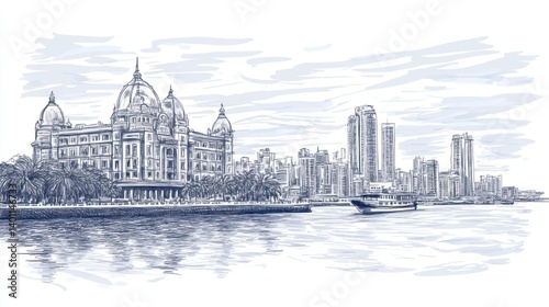 A sketch depicting a cityscape with buildings and water reflection